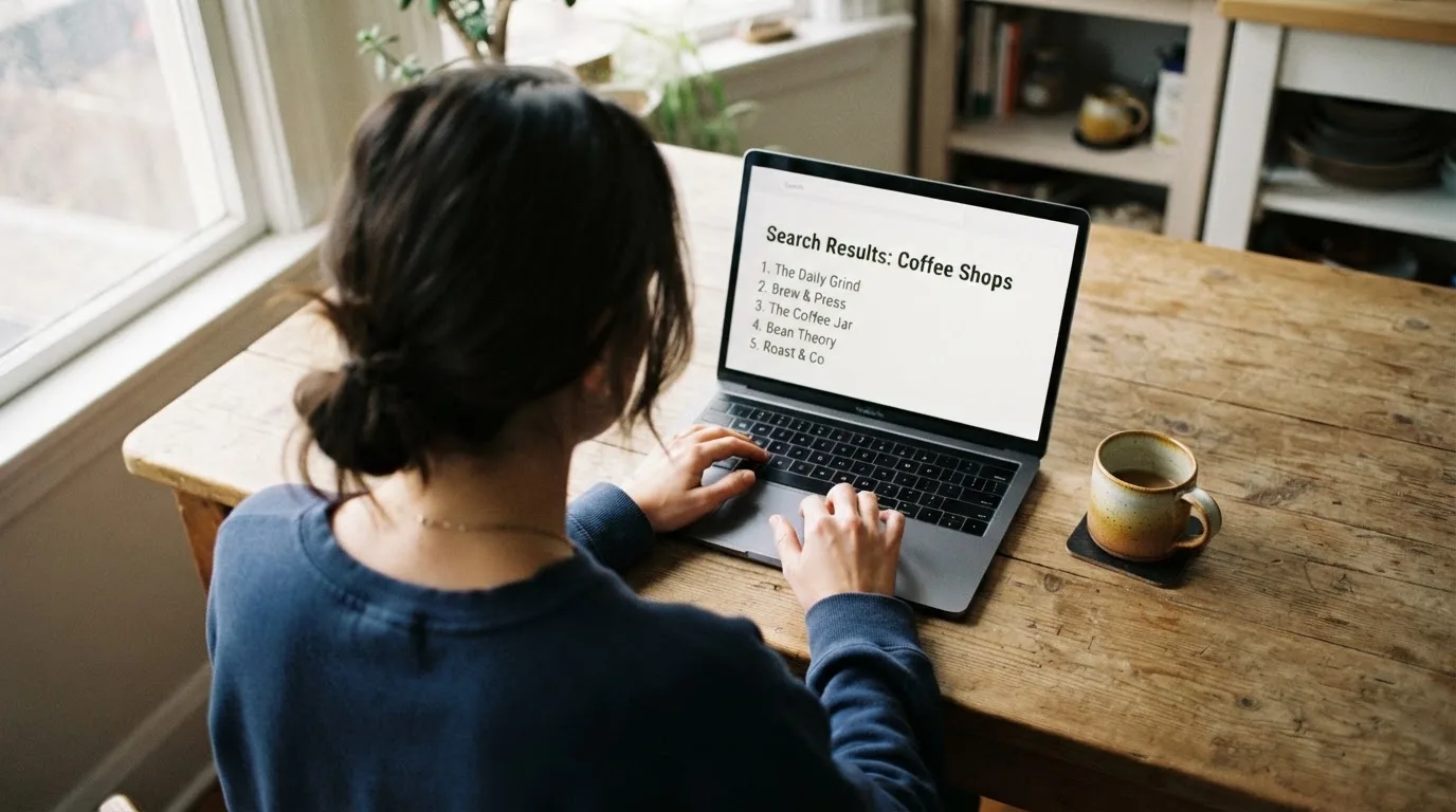 A person sits at a kitchen table, scrolling a laptop showing a general search results page about nearby venues.