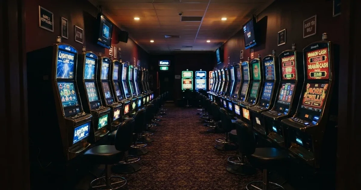 The interior of an Australian pub gaming room with rows of poker machines under dim lighting, no patrons visible.