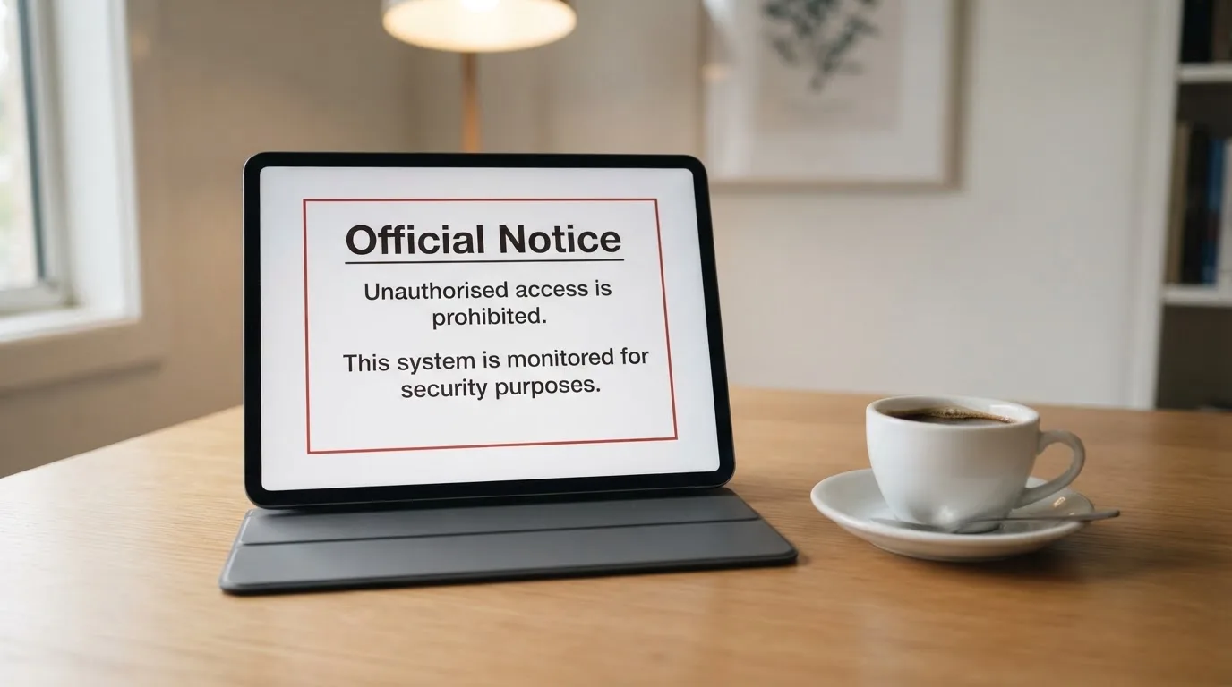 A tablet on a desk displays a plain government-style warning notice page, with a coffee cup beside it.