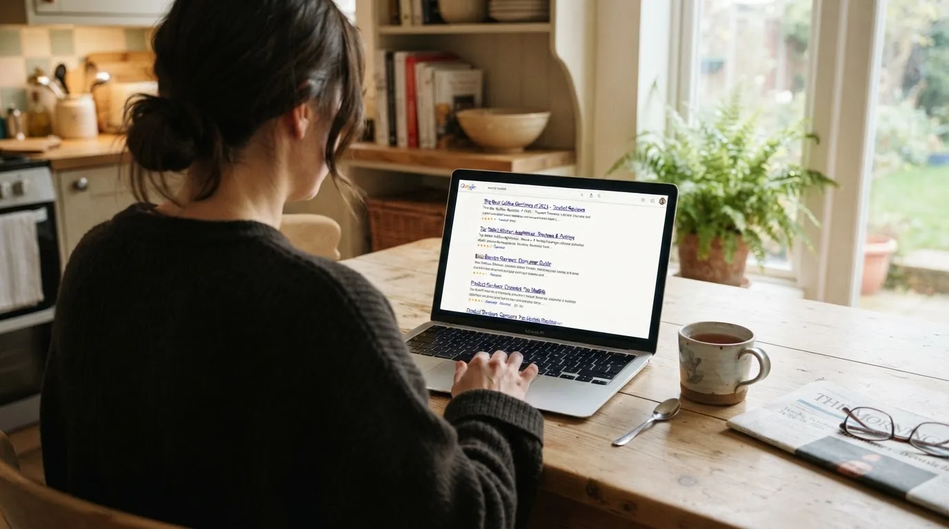 A person sits at a kitchen table, scrolling a laptop showing a general search results page about a review of a pokies site.