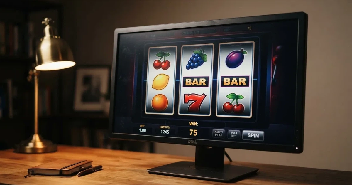 A close-up of a slot reel display shown on a monitor, no other windows open.