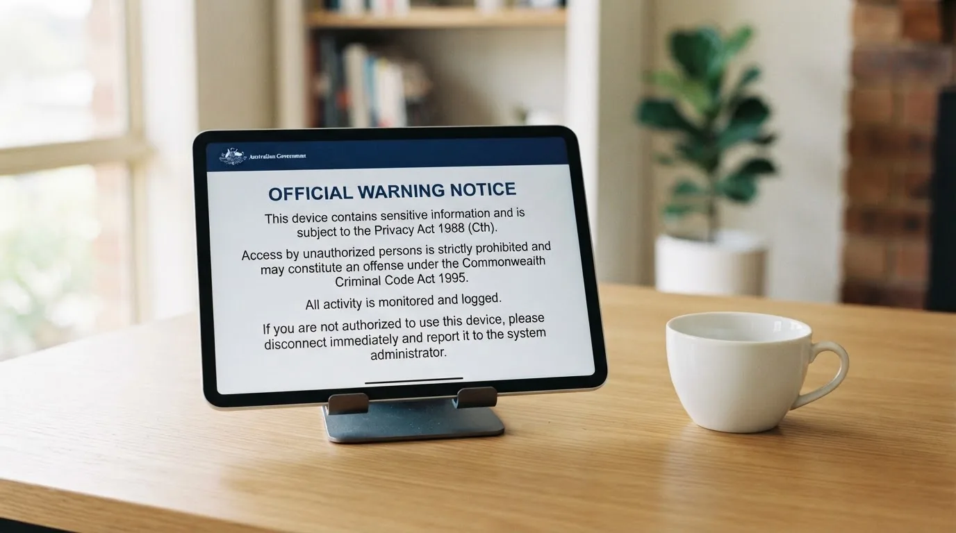 A tablet on a desk displays a plain government-style warning notice page, with a coffee cup beside it.