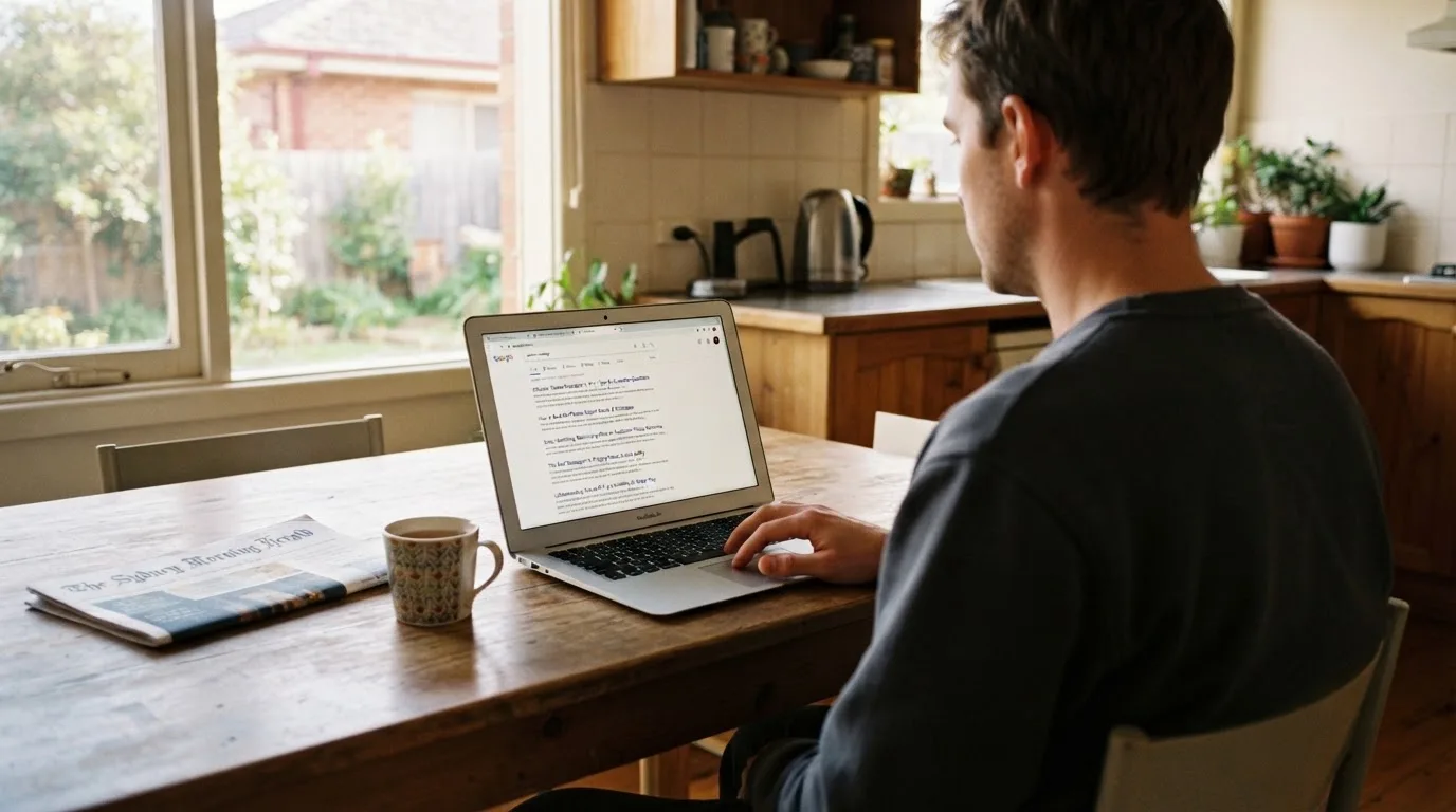 A person sits at a kitchen table, scrolling a laptop showing a general search results page about pokies strategy articles.