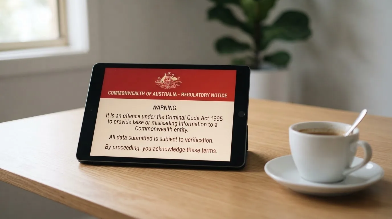 A tablet on a desk displays a plain government-style warning notice page, with a coffee cup beside it.