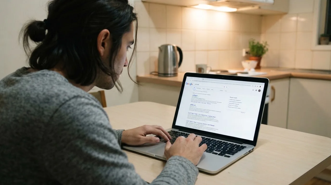 A person sits at a kitchen table, scrolling a laptop showing a general search results page about withdrawal speed claims.