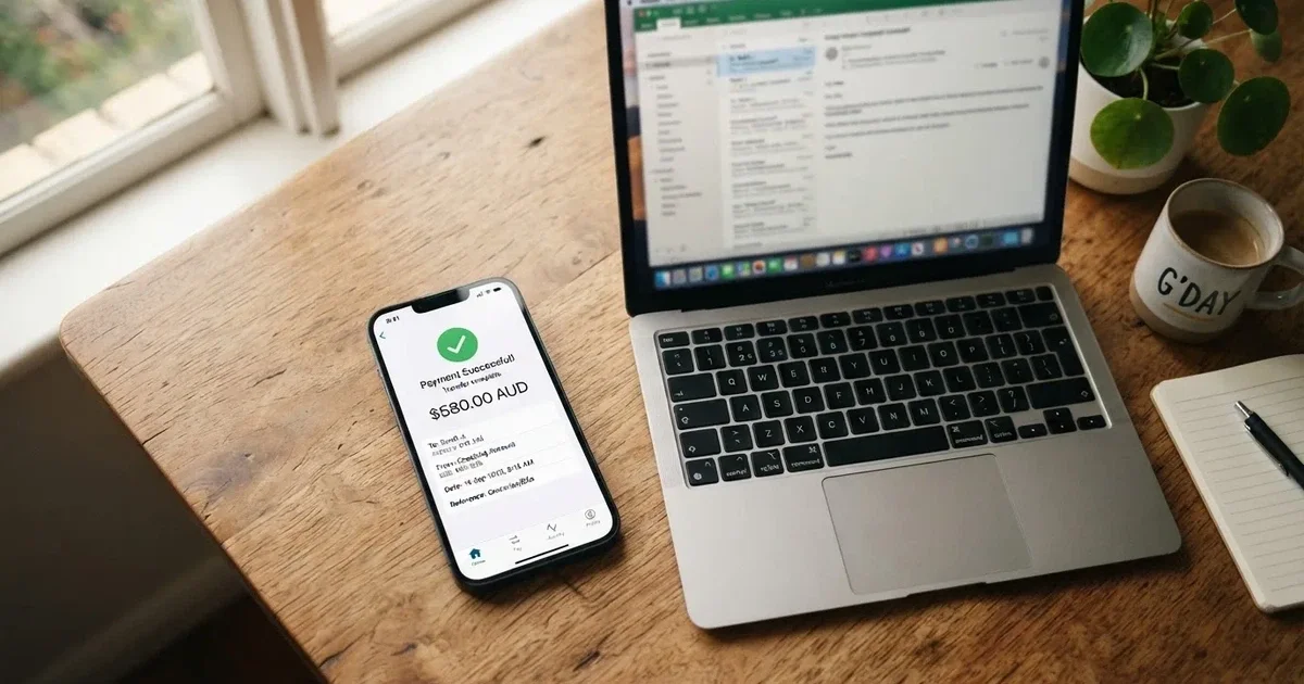 Close-up of a smartphone banking app open beside a laptop on a home desk, mid-transfer.
