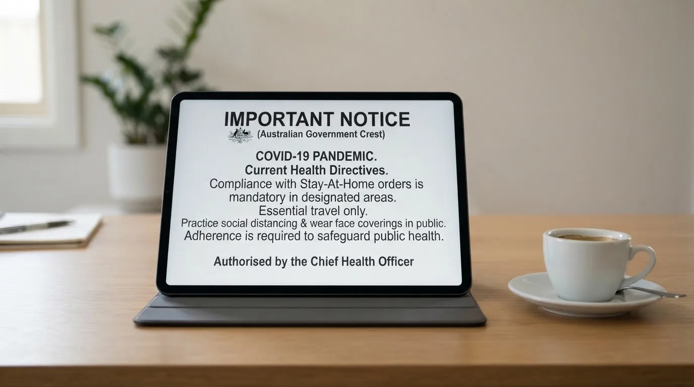 A tablet on a desk displays a plain government-style warning notice page, with a coffee cup beside it.