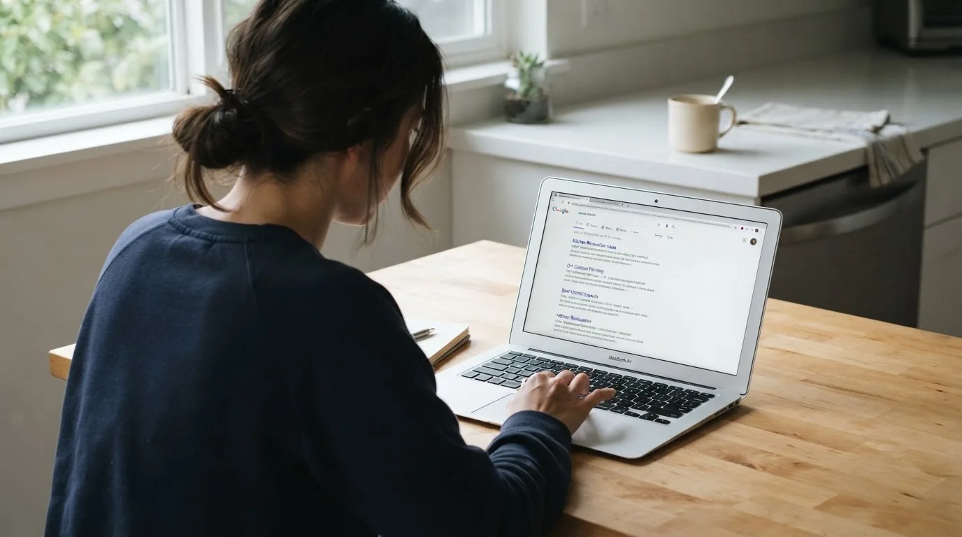 A person sits at a kitchen table, scrolling a laptop showing a general search results page about real-cash pokies claims.