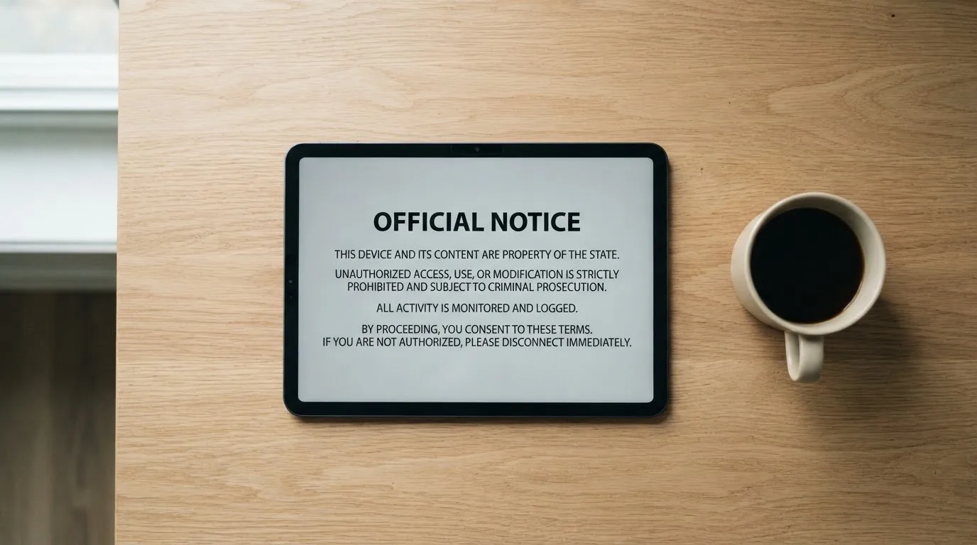 A tablet on a desk displays a plain government-style warning notice page, with a coffee cup beside it.
