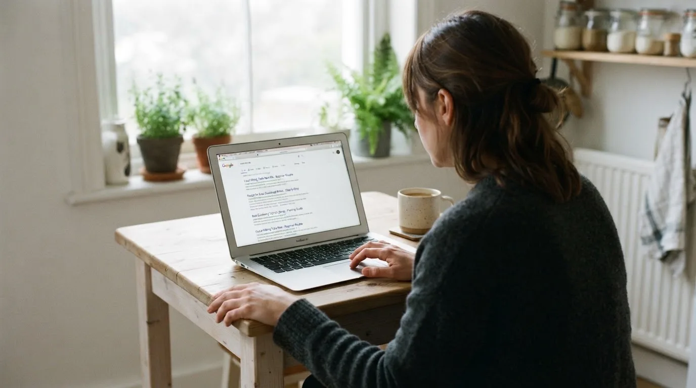 A person sits at a kitchen table, scrolling a laptop showing a general search results page about table game odds.
