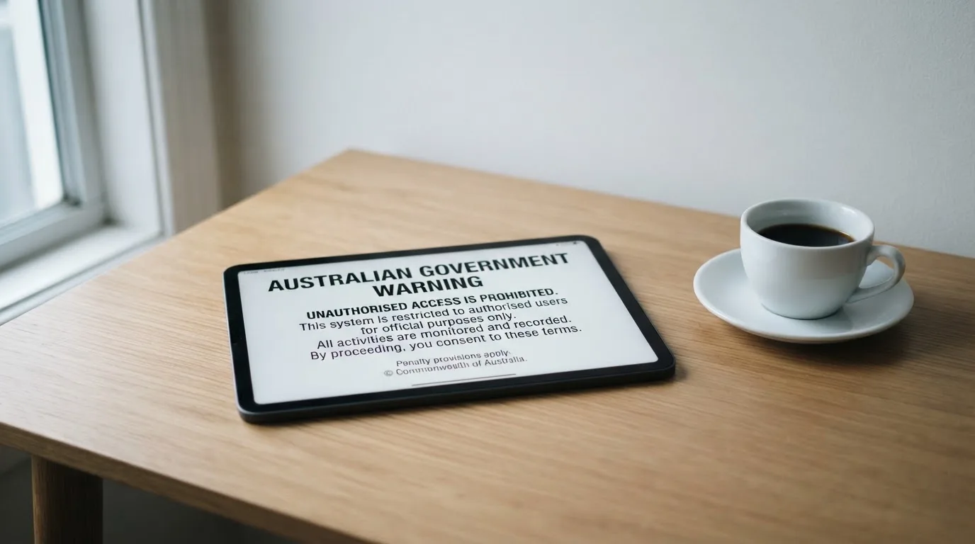 A tablet on a desk displays a plain government-style warning notice page, with a coffee cup beside it.