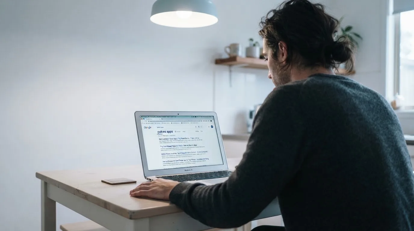 A person sits at a kitchen table, scrolling a laptop showing a general search results page about pokies apps.