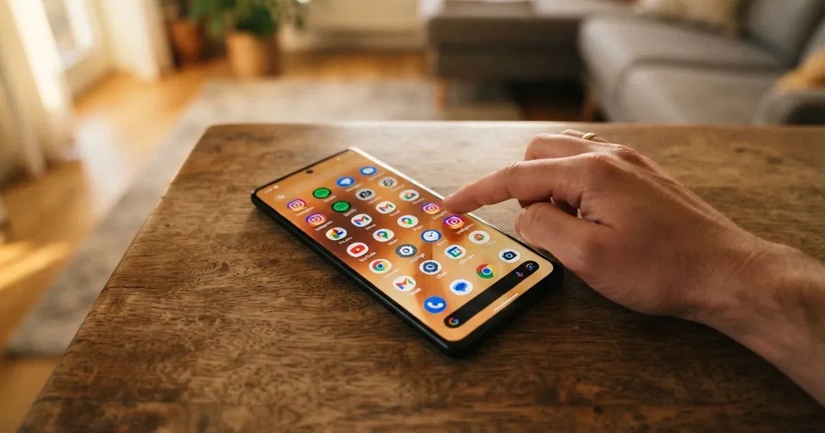 A hand holds a smartphone with an app icon grid visible on the home screen, thumb hovering over the display.