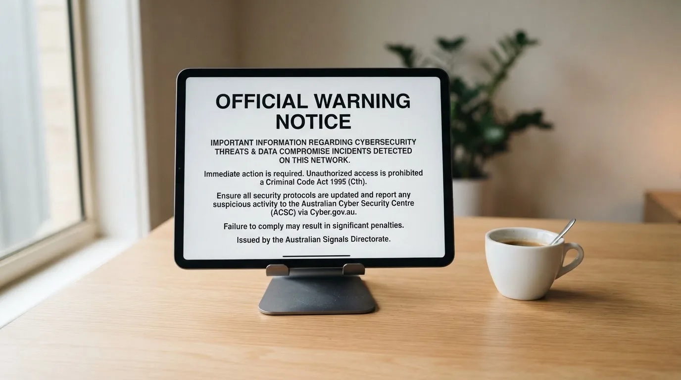 A tablet on a desk displays a plain government-style warning notice page, with a coffee cup beside it.