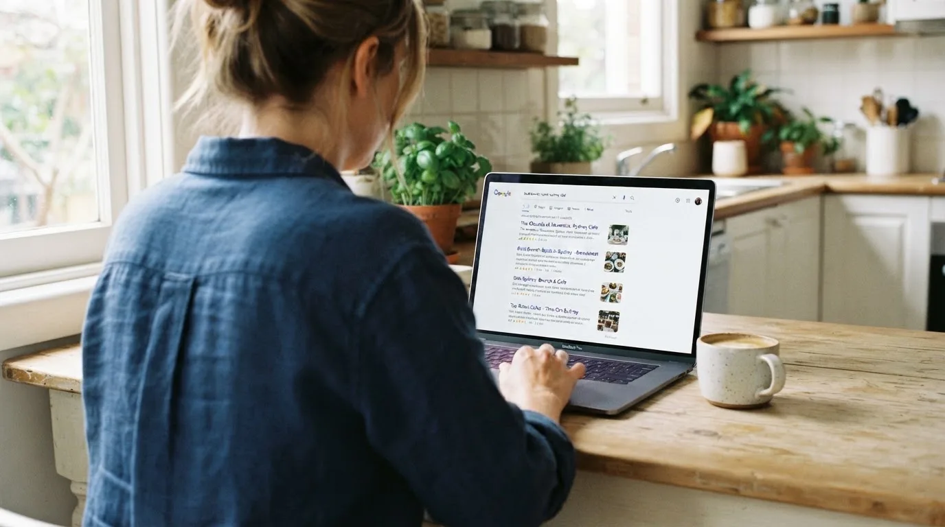 A person sits at a kitchen table, scrolling a laptop showing a general search results page about pokies apps.