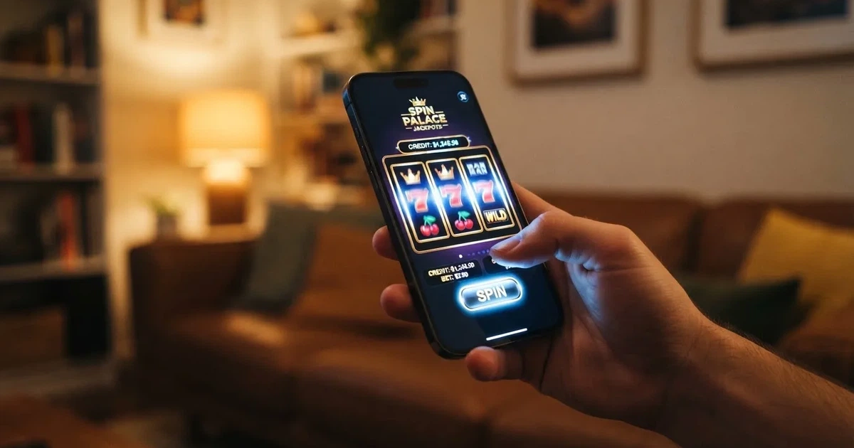 A hand holds a smartphone with an app icon grid visible on the home screen, thumb hovering over the display.