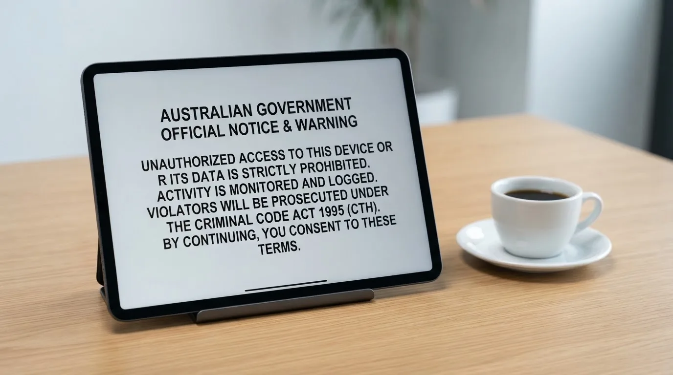 A tablet on a desk displays a plain government-style warning notice page, with a coffee cup beside it.