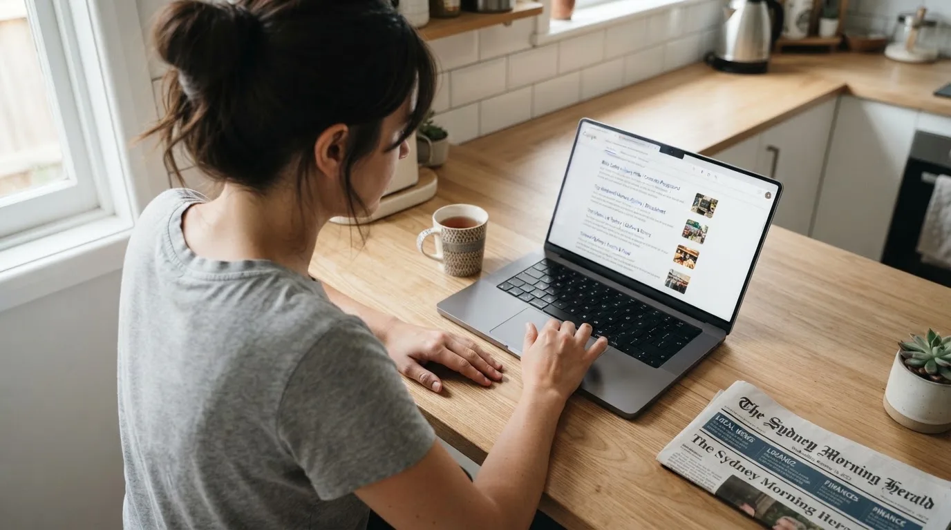 A person sits at a kitchen table, scrolling a laptop showing a general search results page about casino safety claims.