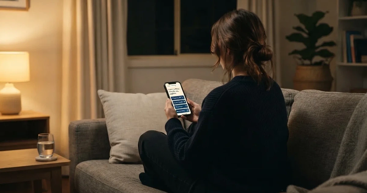 A person looks at a support-helpline page on a phone while sitting alone on a sofa.
