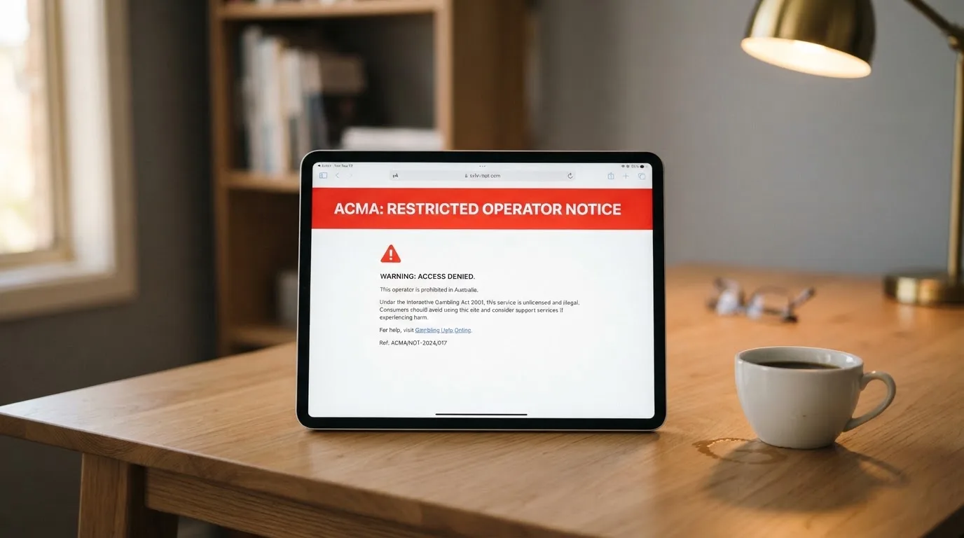 A tablet on a desk displays a plain government-style warning notice page, with a coffee cup beside it.