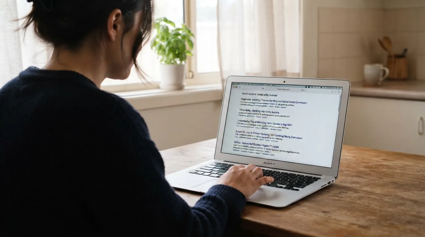 A person sits at a kitchen table, scrolling a laptop showing a general search results page about pokies safety claims.