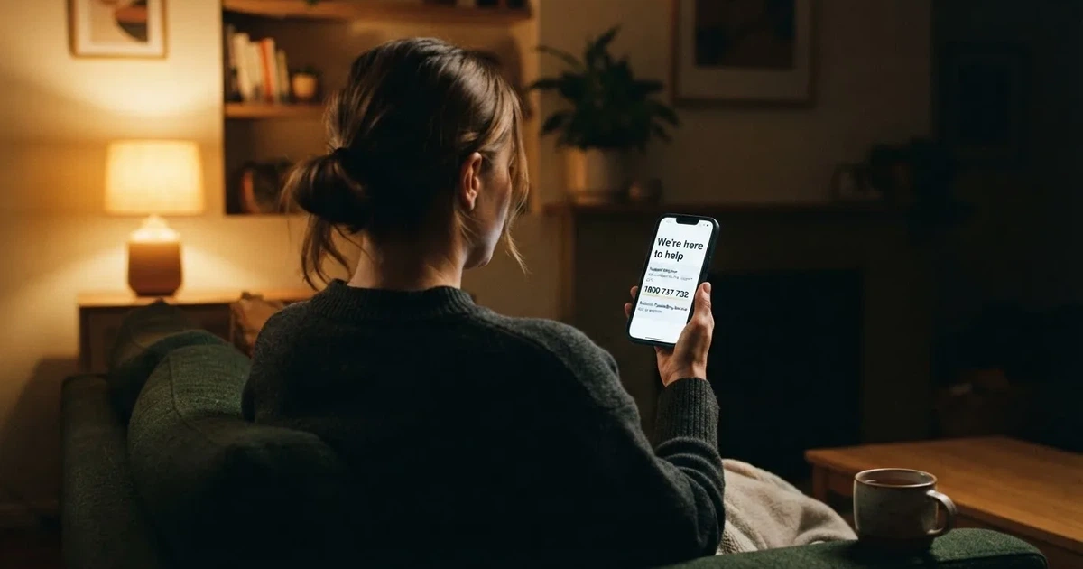 A person looks at a support-helpline page on a phone while sitting alone on a sofa.