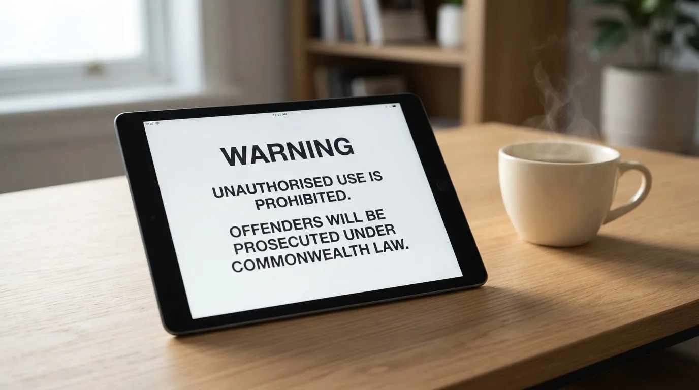A tablet on a desk displays a plain government-style warning notice page, with a coffee cup beside it.