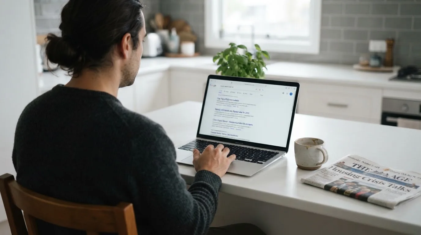 A person sits at a kitchen table, scrolling a laptop showing a general search results page about payout speed claims.
