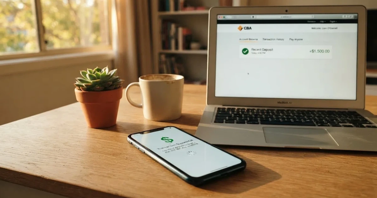 Close-up of a smartphone banking app open beside a laptop on a home desk, mid-transfer.