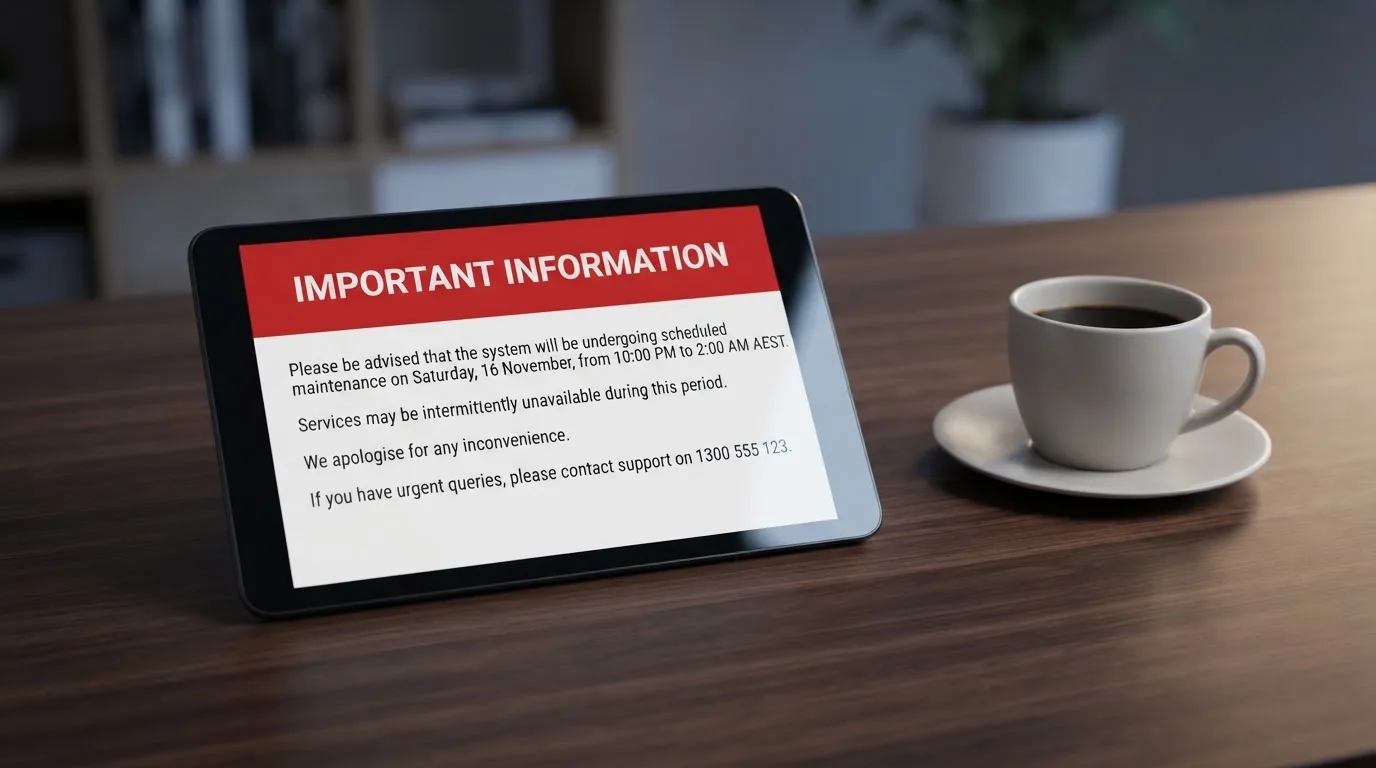 A tablet on a desk displays a plain government-style warning notice page, with a coffee cup beside it.