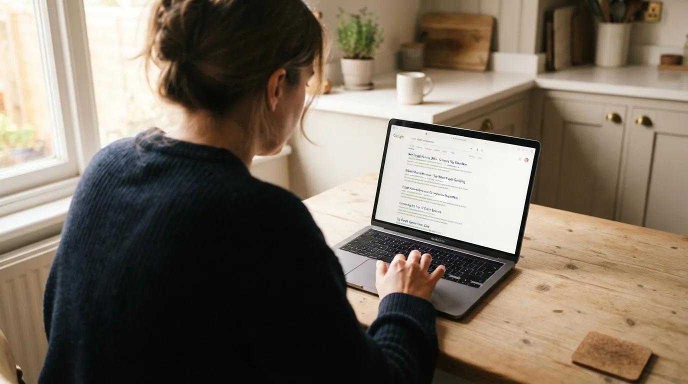 A person sits at a kitchen table, scrolling a laptop showing a general search results page about crypto casino comparisons.