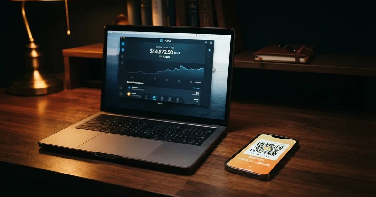A laptop screen shows a cryptocurrency wallet balance next to a phone displaying a QR code, on a desk at night.