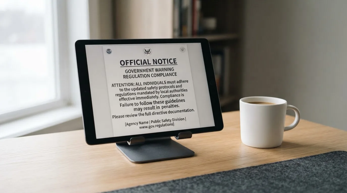 A tablet on a desk displays a plain government-style warning notice page, with a coffee cup beside it.