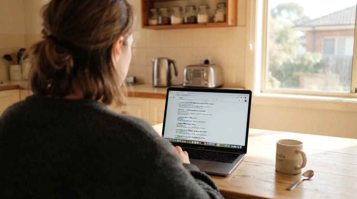 A person sits at a kitchen table, scrolling a laptop showing a general search results page about casino rankings.