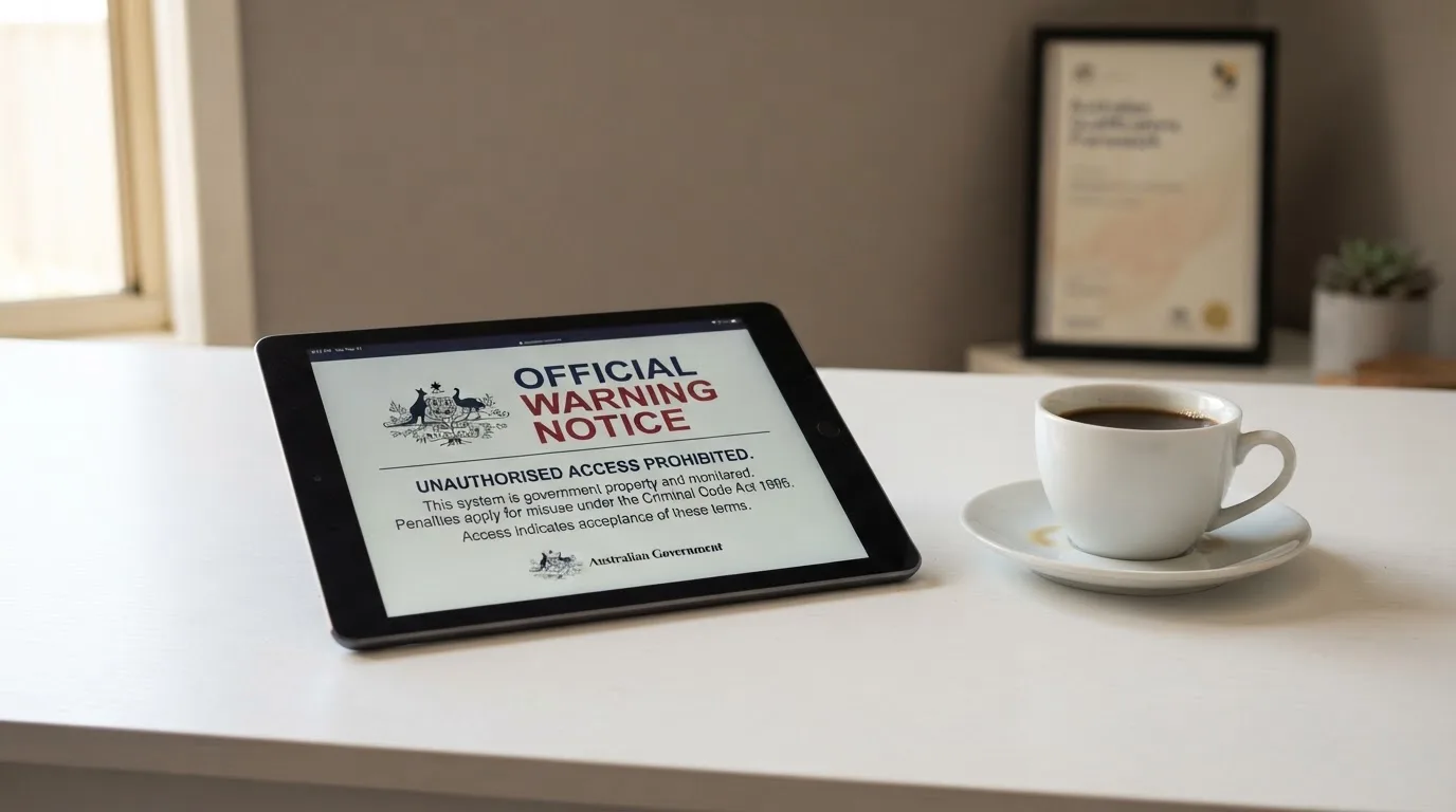 A tablet on a desk displays a plain government-style warning notice page, with a coffee cup beside it.