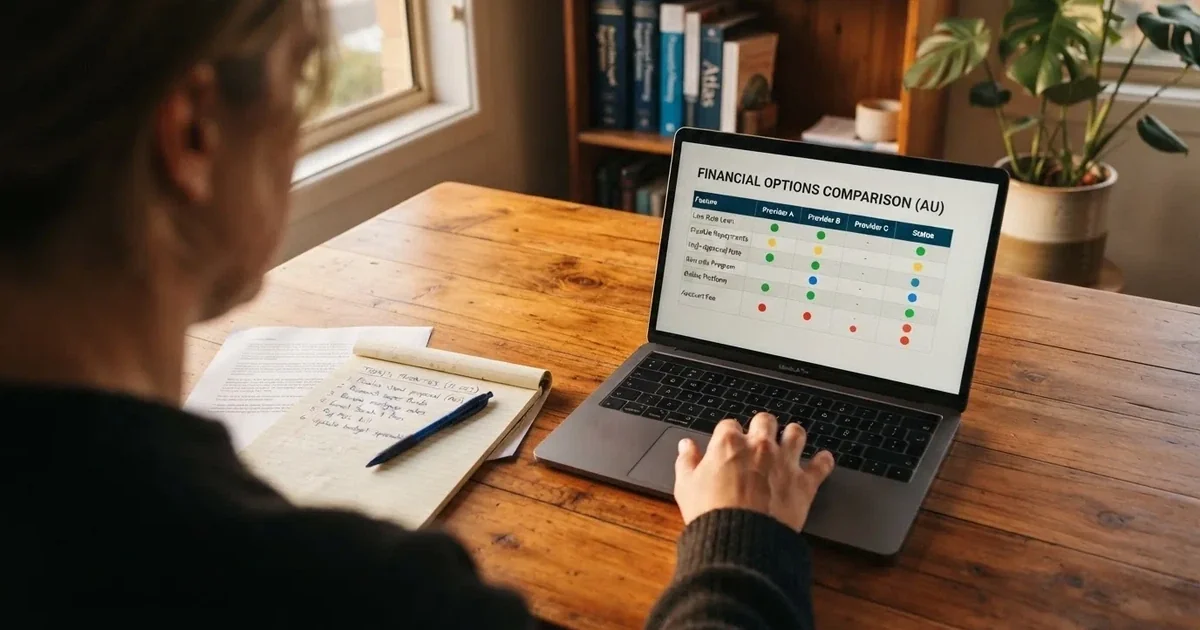 A notepad with a handwritten numbered list sits next to an open laptop showing a comparison table.