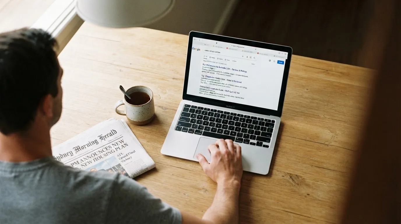 A person sits at a kitchen table, scrolling a laptop showing a general search results page about casino ratings.