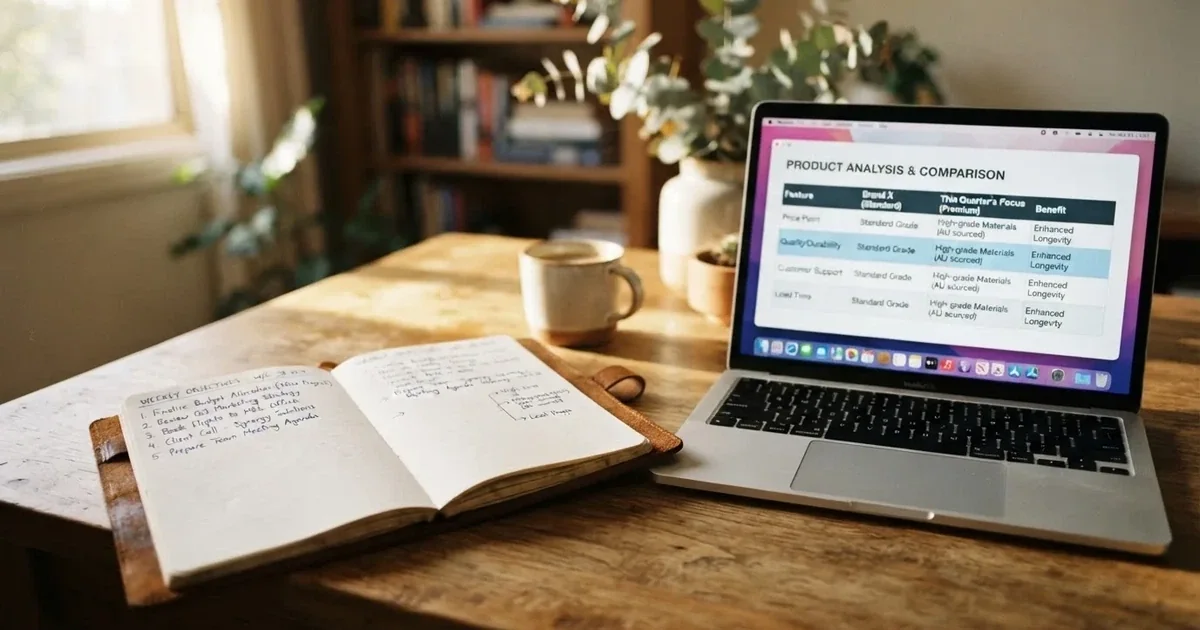 A notepad with a handwritten numbered list sits next to an open laptop showing a comparison table.