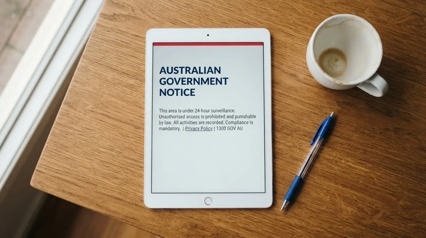 A tablet on a desk displays a plain government-style warning notice page, with a coffee cup beside it.