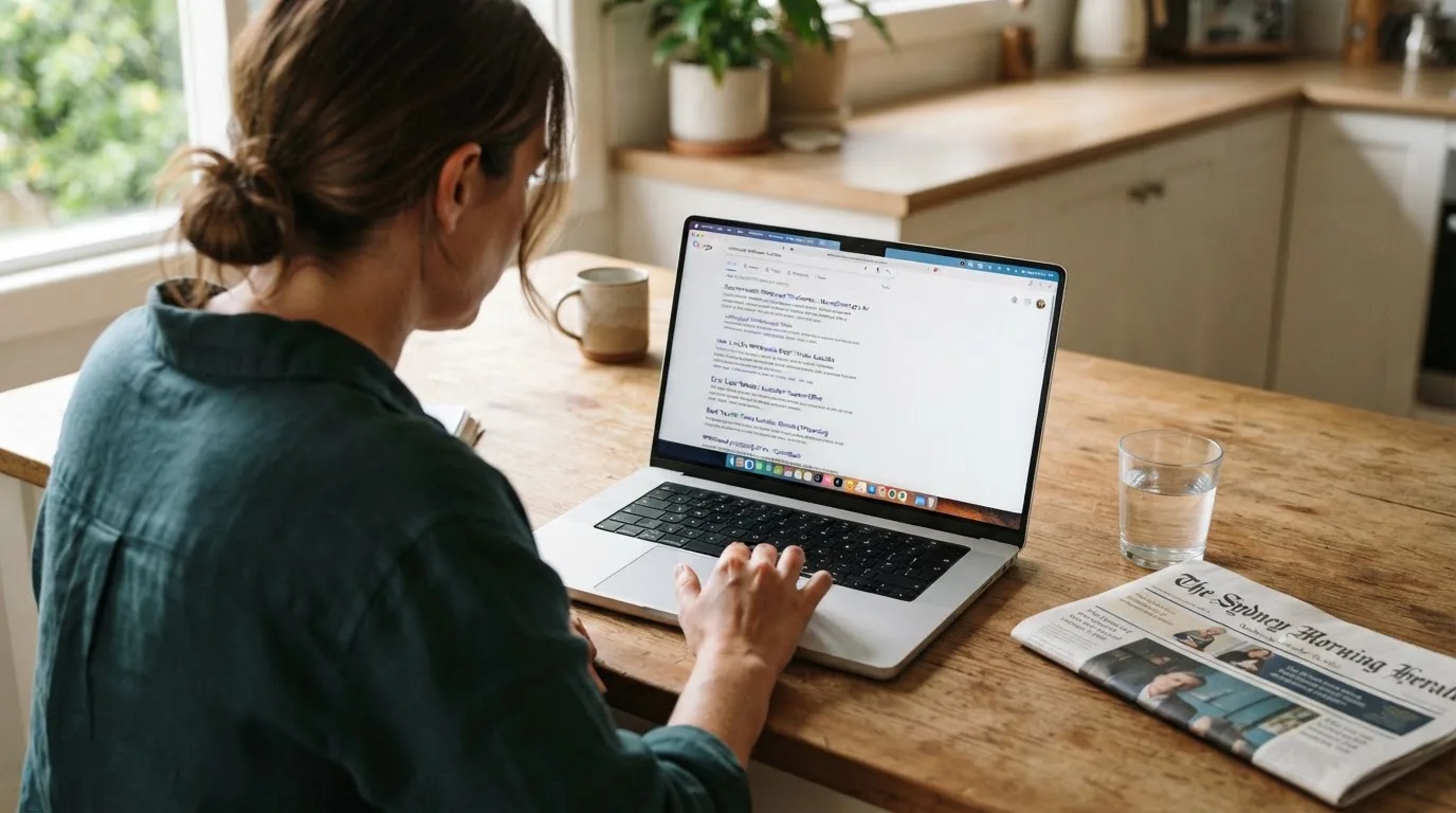 A person sits at a kitchen table, scrolling a laptop showing a general search results page about withdrawal timeframes.