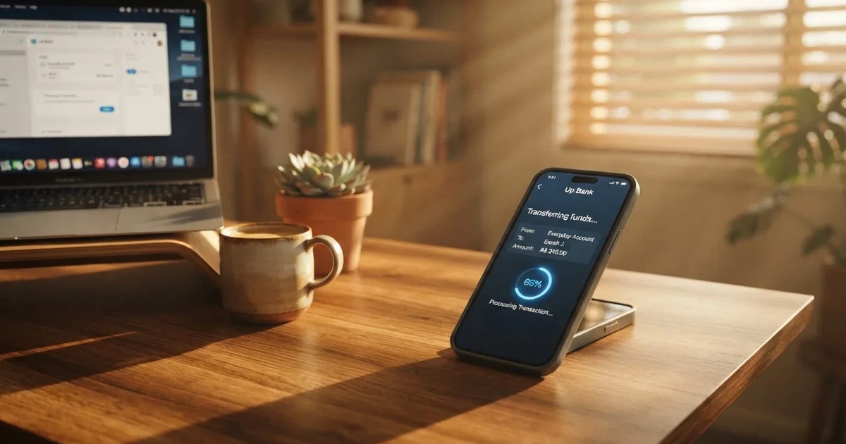 Close-up of a smartphone banking app open beside a laptop on a home desk, mid-transfer.
