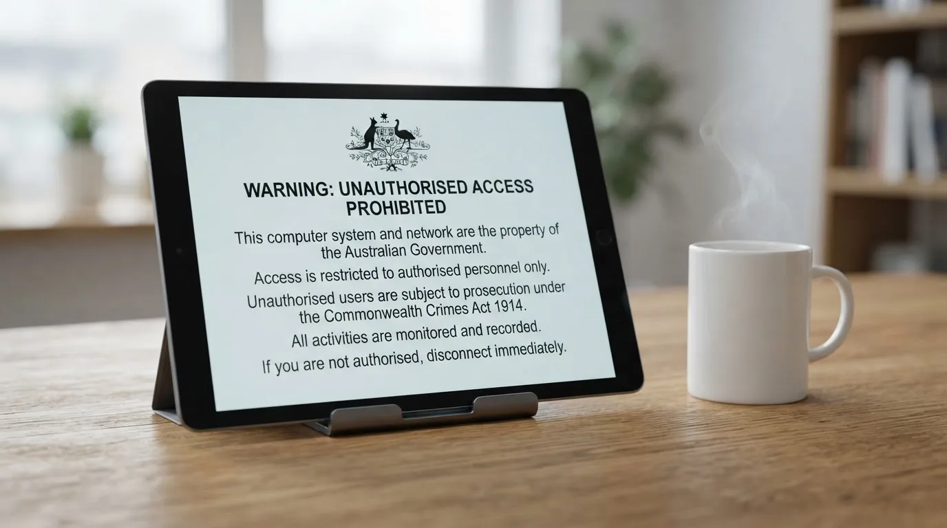 A tablet on a desk displays a plain government-style warning notice page, with a coffee cup beside it.