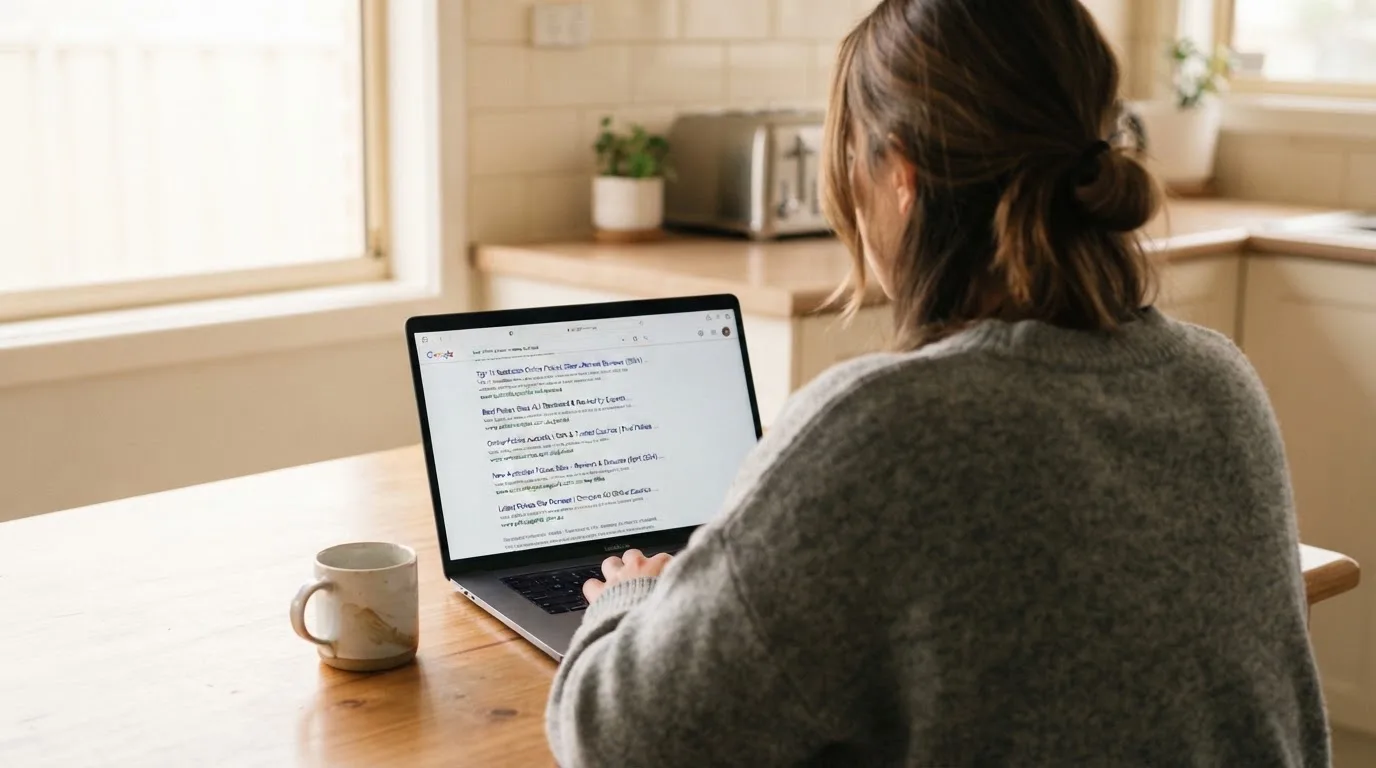 A person sits at a kitchen table, scrolling a laptop showing a general search results page about a review of a pokies site.