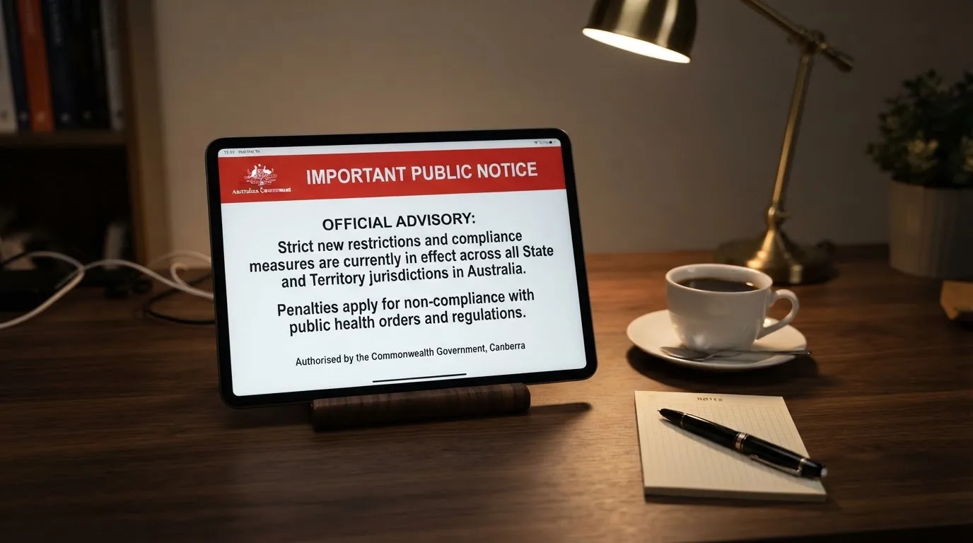 A tablet on a desk displays a plain government-style warning notice page, with a coffee cup beside it.