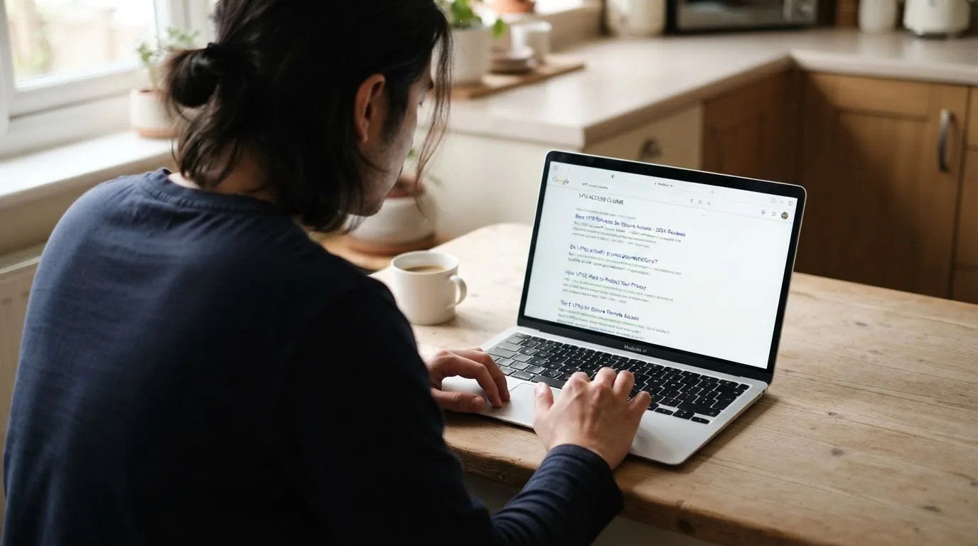 A person sits at a kitchen table, scrolling a laptop showing a general search results page about VPN access claims.