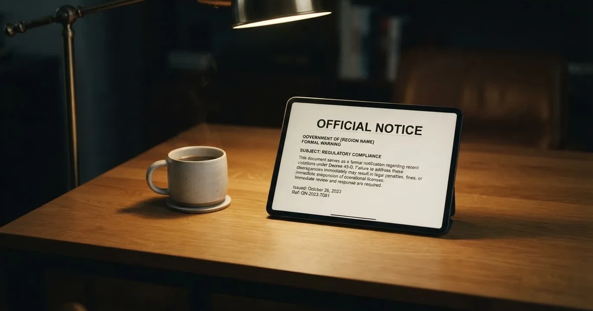 A tablet on a desk displays a plain government-style warning notice page, with a coffee cup beside it.
