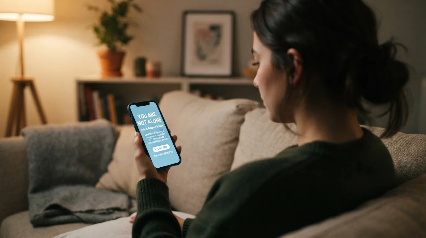 A person looks at a support-helpline page on a phone while sitting alone on a sofa.